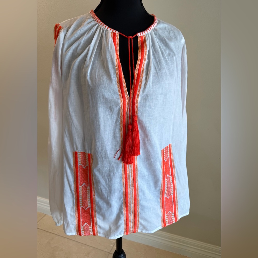 Michael Kors White Boho Blouse with Orange Embroidery
